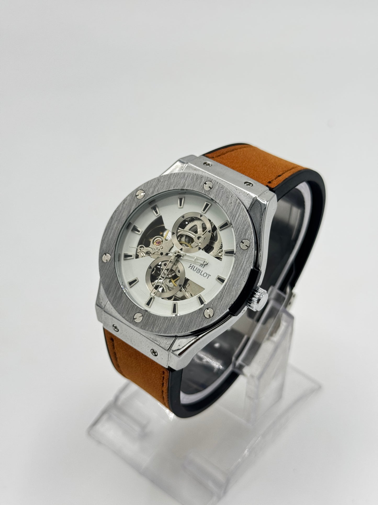Hublot Automatic Skeleton – Silver Case with Tan Leather Strap
