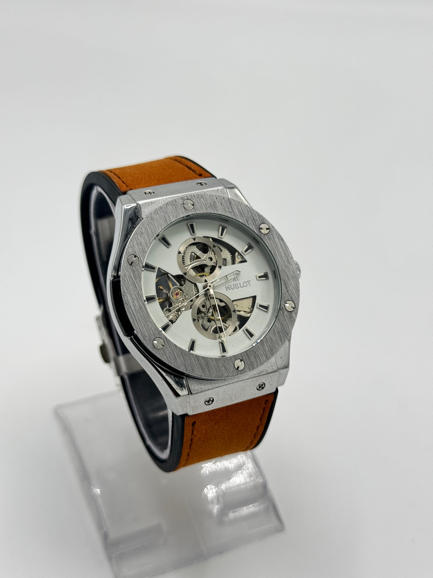 Hublot Automatic Skeleton – Silver Case with Tan Leather Strap